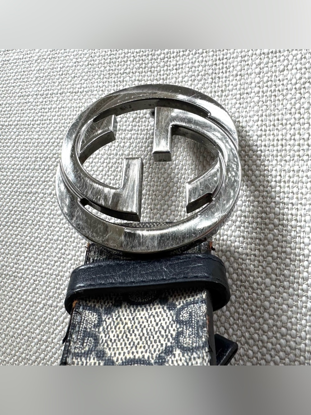 GUCCI GG Supreme Interlocking G Belt Blue Gray Monogram Leather 85/34 - Picture 8 of 10
